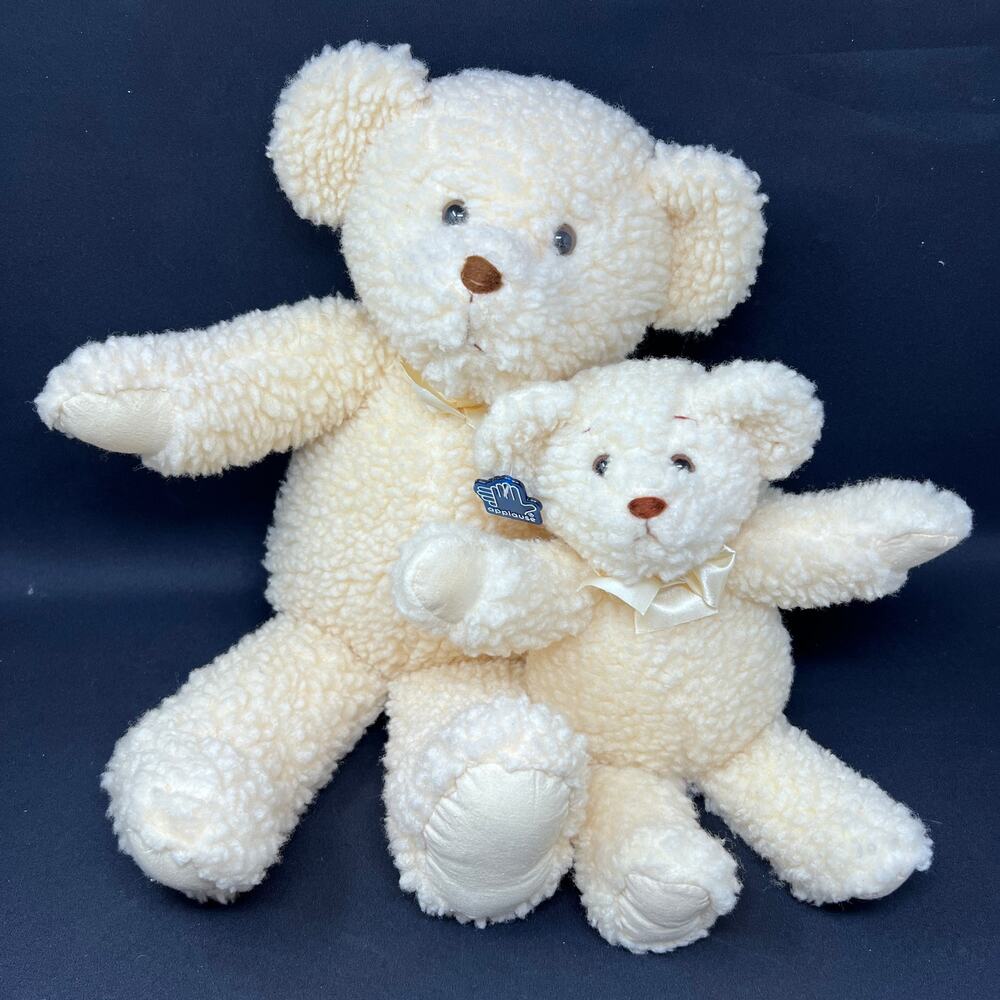 Applause Waffles Teddy Bear Set of 2 Cream Stuffed Sherpa Ribbon Bow VTG